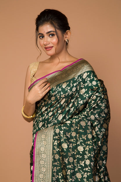 Banarasi Silk Jaal Bottle Green Saree