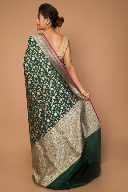 Banarasi Silk Jaal Bottle Green Saree