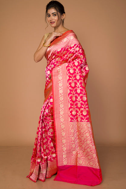 Banarasi Silk Jaal Dual Tone Pink And Orange Saree