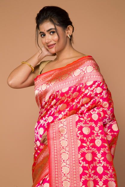 Banarasi Silk Jaal Dual Tone Pink And Orange Saree