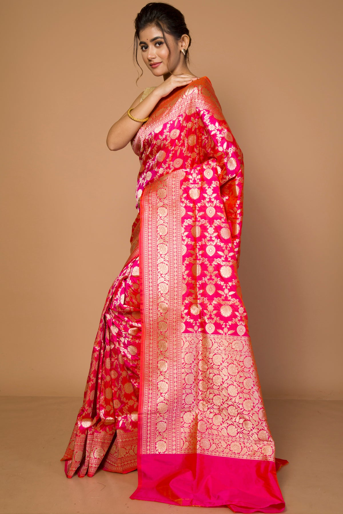 Banarasi Silk Jaal Dual Tone Pink And Orange Saree