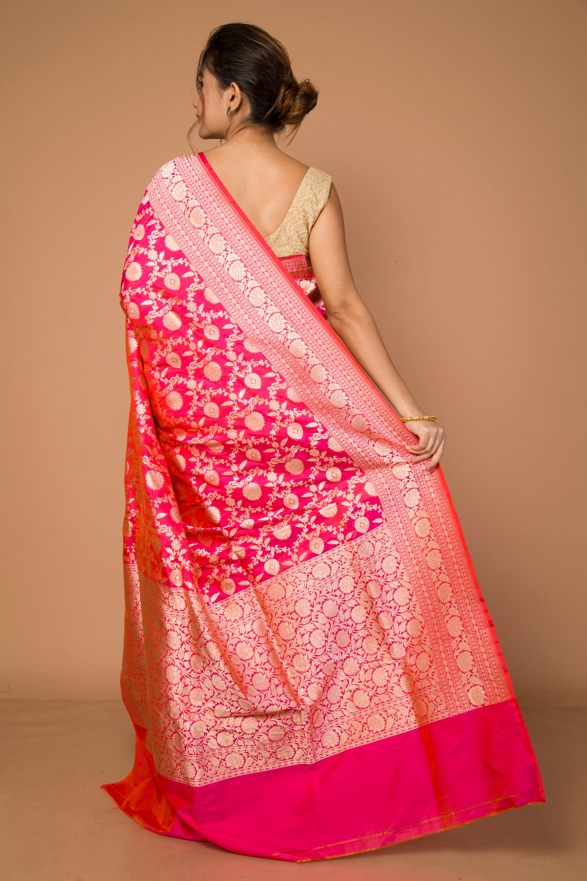 Banarasi Silk Jaal Dual Tone Pink And Orange Saree