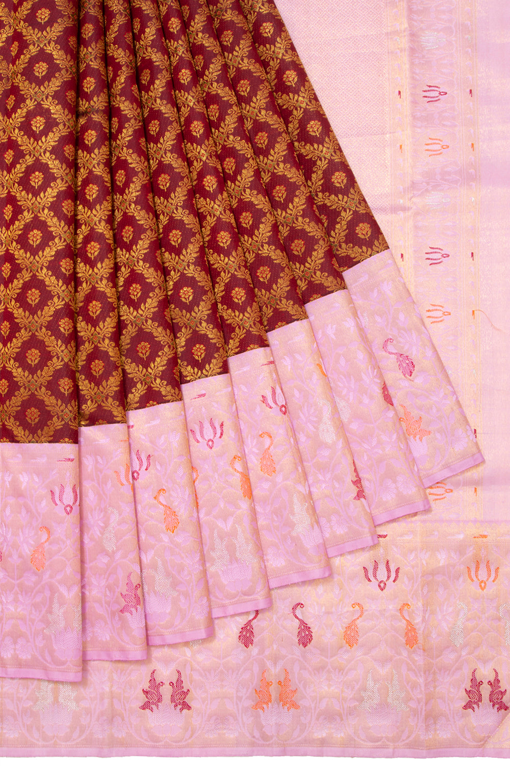 Kanchipuram Silk Criss Cross Checks And Butta Maroon Saree
