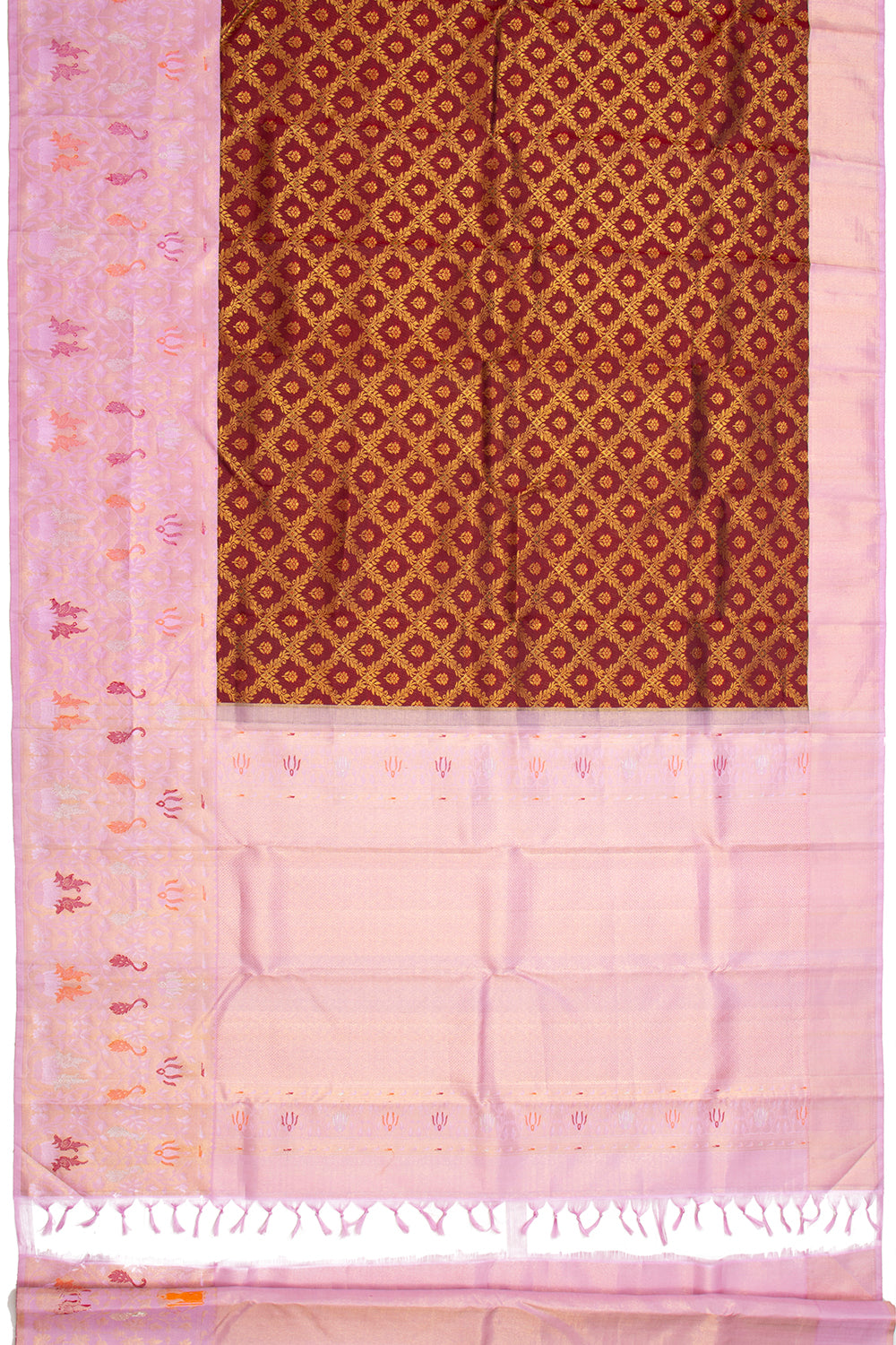 Kanchipuram Silk Criss Cross Checks And Butta Maroon Saree