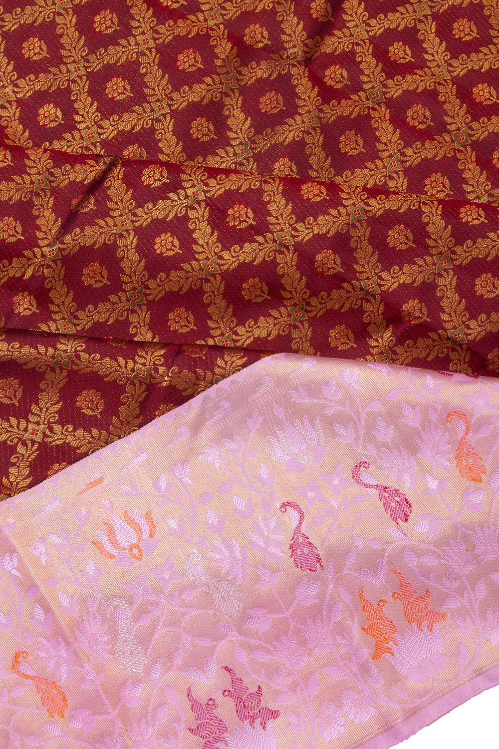 Kanchipuram Silk Criss Cross Checks And Butta Maroon Saree