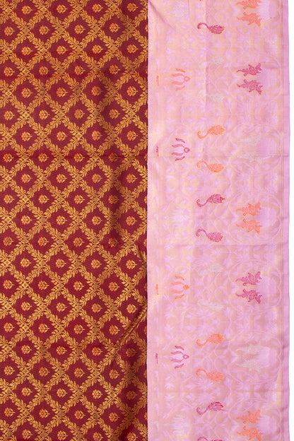 Kanchipuram Silk Criss Cross Checks And Butta Maroon Saree