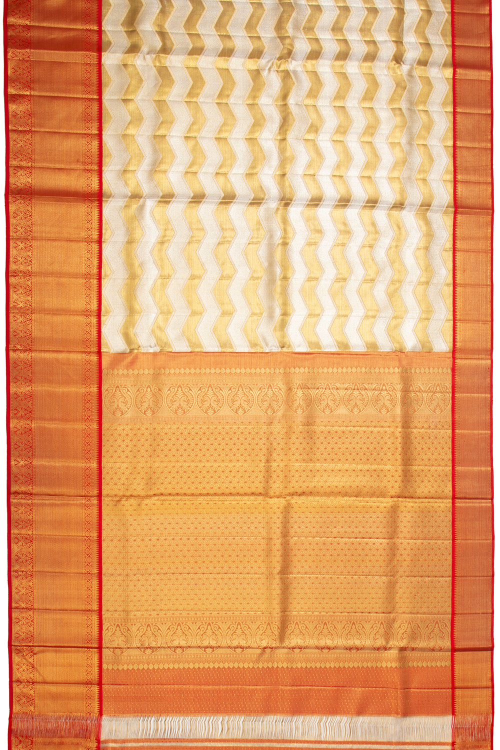 Kanchipuram Silk Tissue Zig Zag Lines Gold And White Saree