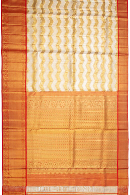 Kanchipuram Silk Tissue Zig Zag Lines Gold And White Saree