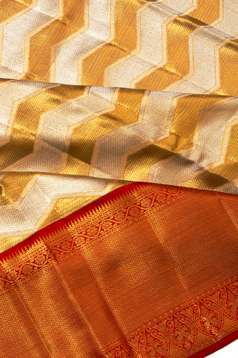 Kanchipuram Silk Tissue Zig Zag Lines Gold And White Saree