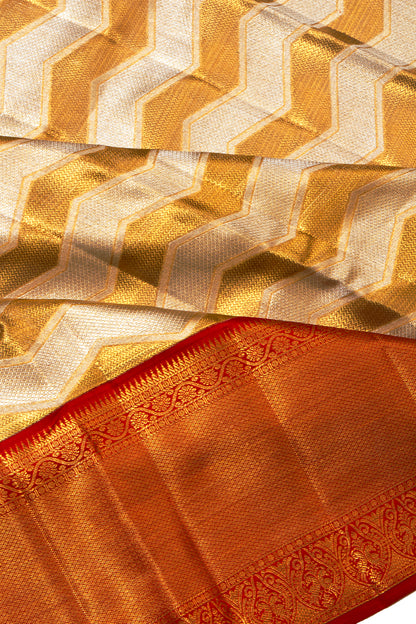 Kanchipuram Silk Tissue Zig Zag Lines Gold And White Saree