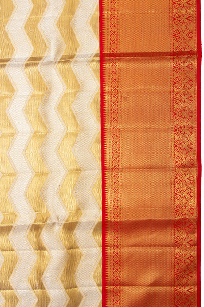 Kanchipuram Silk Tissue Zig Zag Lines Gold And White Saree
