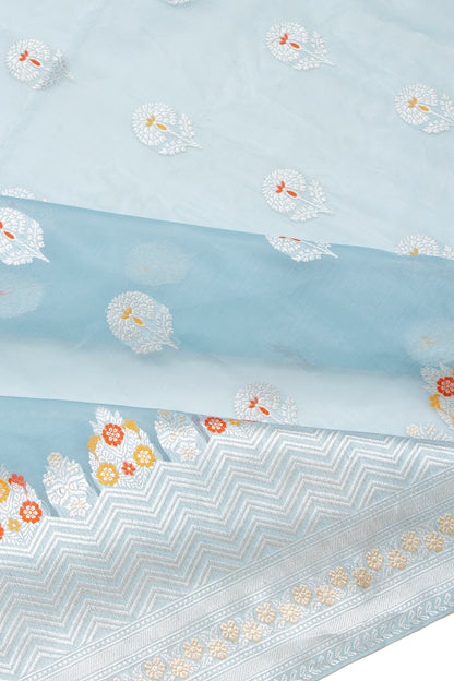 Banarasi Kora Organza Kadwa Butta Pastel Blue Saree
