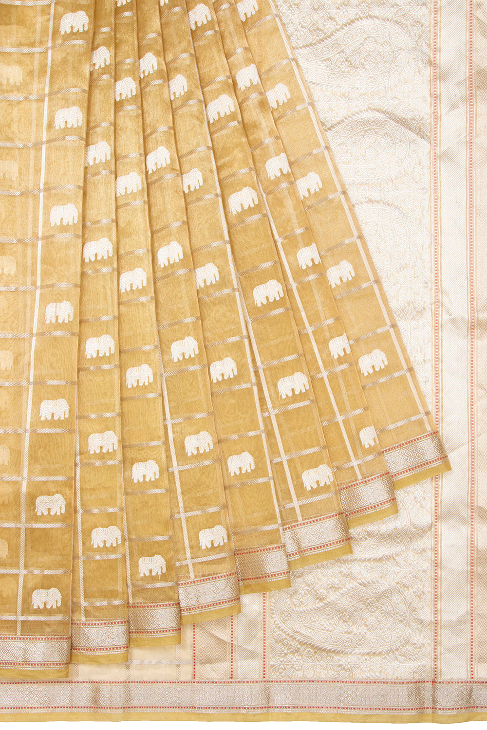 Banarasi Kora Organza Tissue Kadwa Checks And Butta Gold Saree