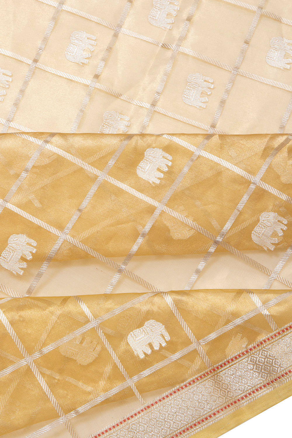 Banarasi Kora Organza Tissue Kadwa Checks And Butta Gold Saree