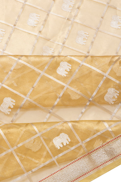 Banarasi Kora Organza Tissue Kadwa Checks And Butta Gold Saree