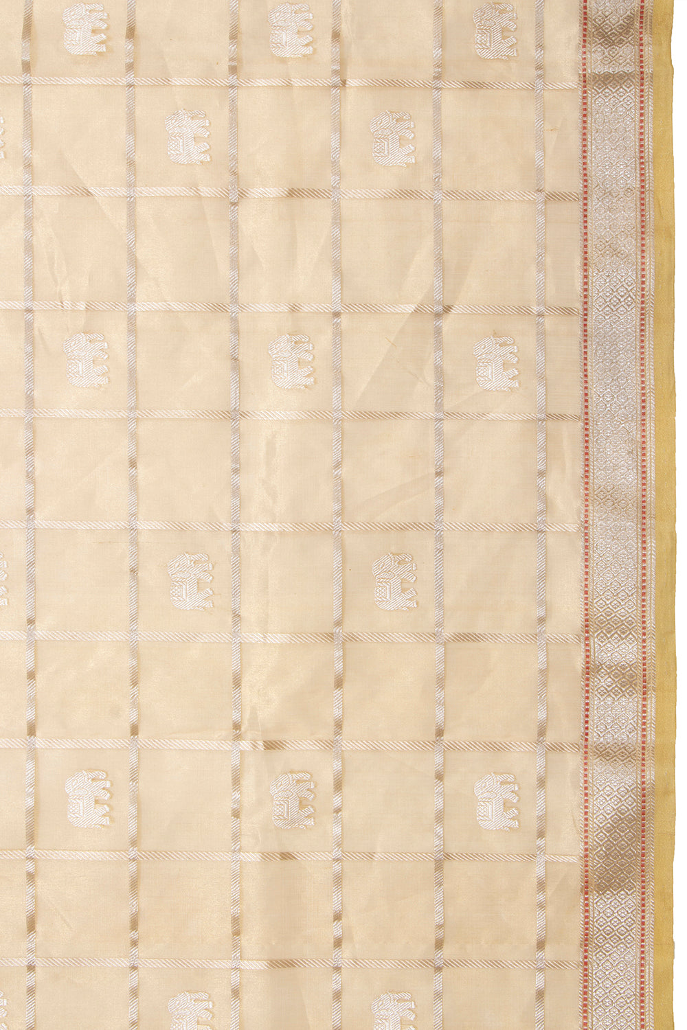 Banarasi Kora Organza Tissue Kadwa Checks And Butta Gold Saree