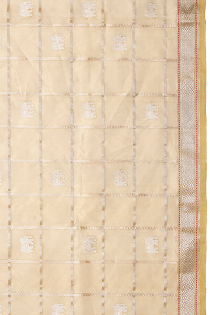 Banarasi Kora Organza Tissue Kadwa Checks And Butta Gold Saree