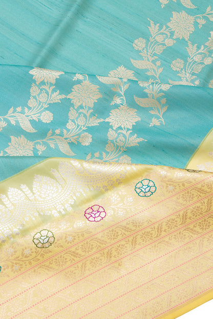 Banarasi Silk And Tussar Half-n-Half Cream And Sky Blue Saree