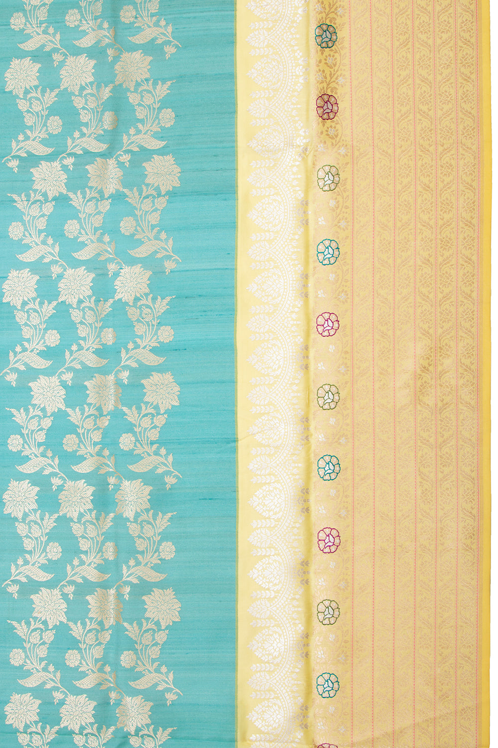Banarasi Silk And Tussar Half-n-Half Cream And Sky Blue Saree