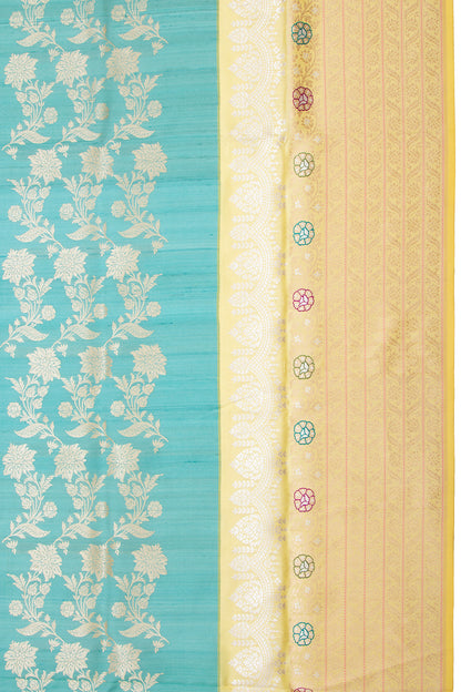 Banarasi Silk And Tussar Half-n-Half Cream And Sky Blue Saree