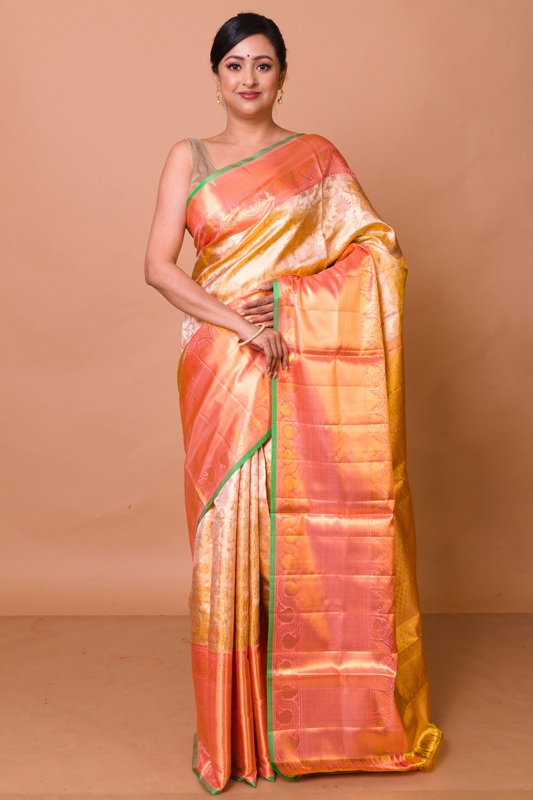 Kanchipuram Silk Tissue Jaal Gold Saree