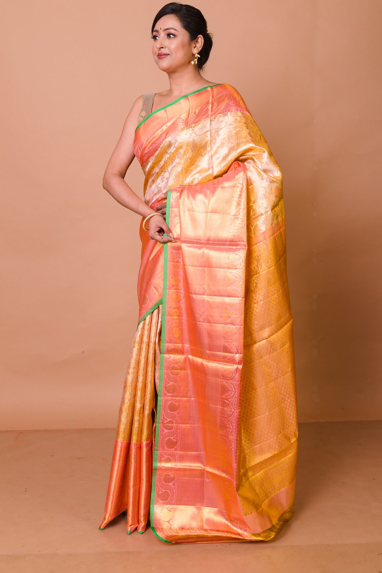 Kanchipuram Silk Tissue Jaal Gold Saree