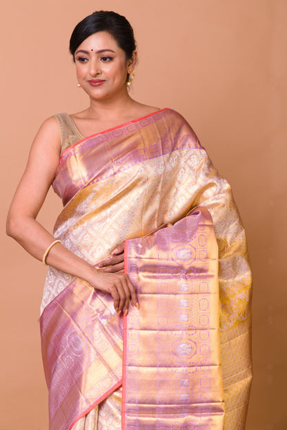 Kanchipuram Silk Tissue Criss Criss Checks And Butta Cream Saree