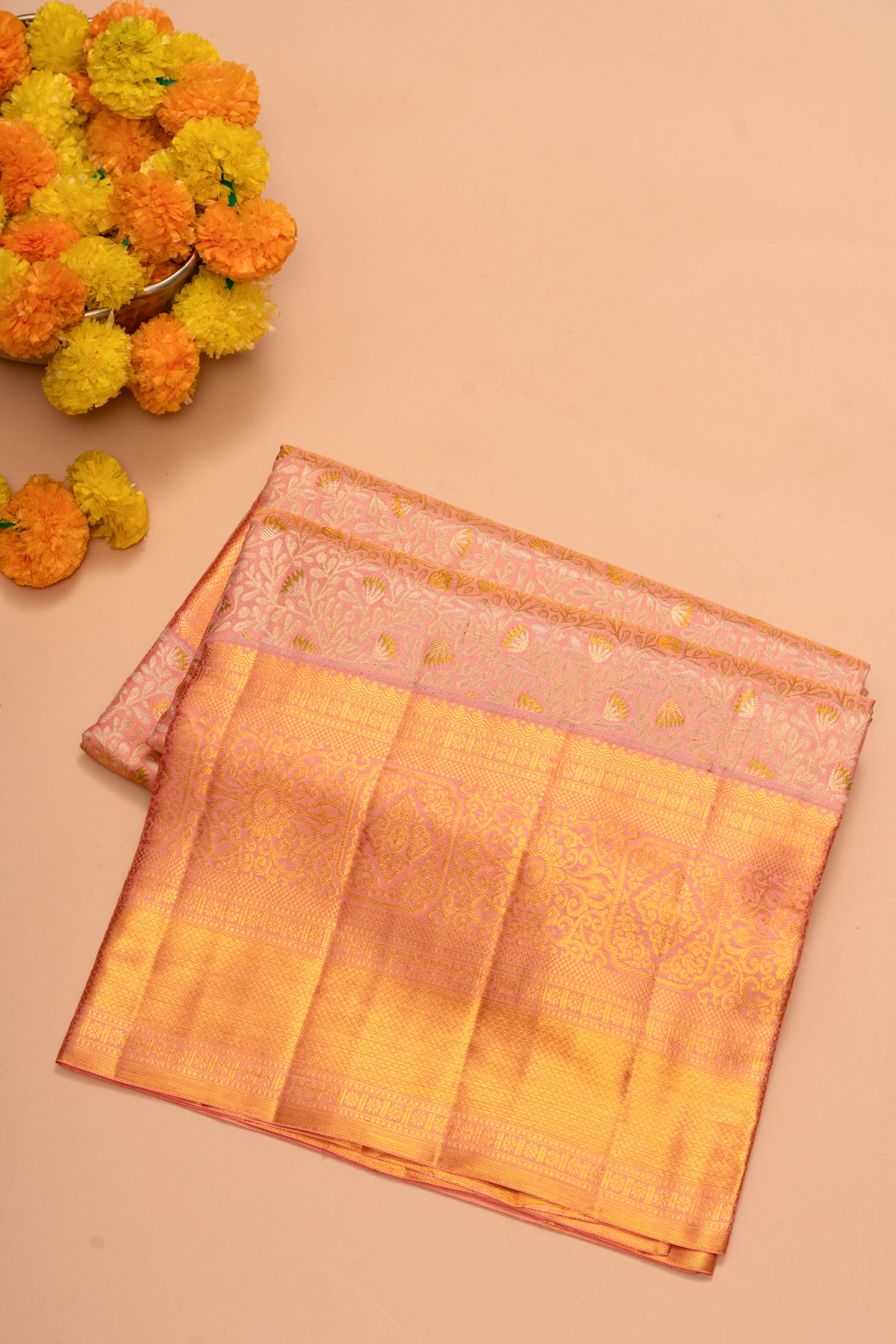 Kanchipuram Silk Tissue Brocade Pink Saree