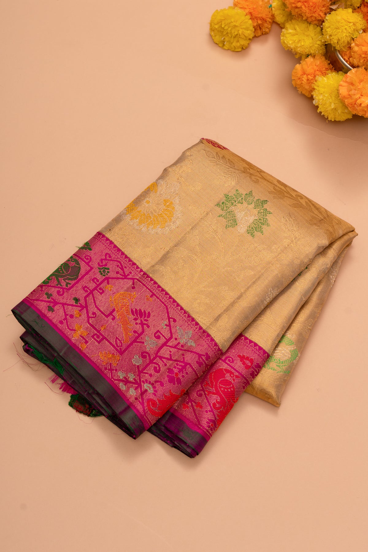 Kanchipuram Silk Tissue Brocade Jaal Gold Saree With Paithani Inspired Border