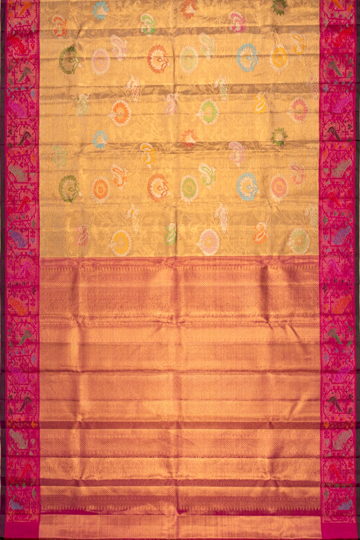 Kanchipuram Silk Tissue Brocade Jaal Gold Saree With Paithani Inspired Border