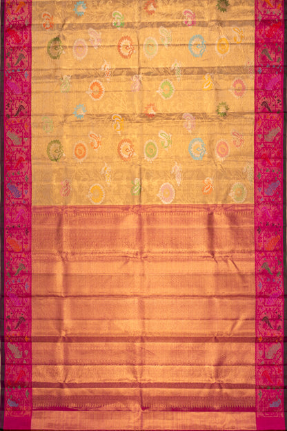 Kanchipuram Silk Tissue Brocade Jaal Gold Saree With Paithani Inspired Border