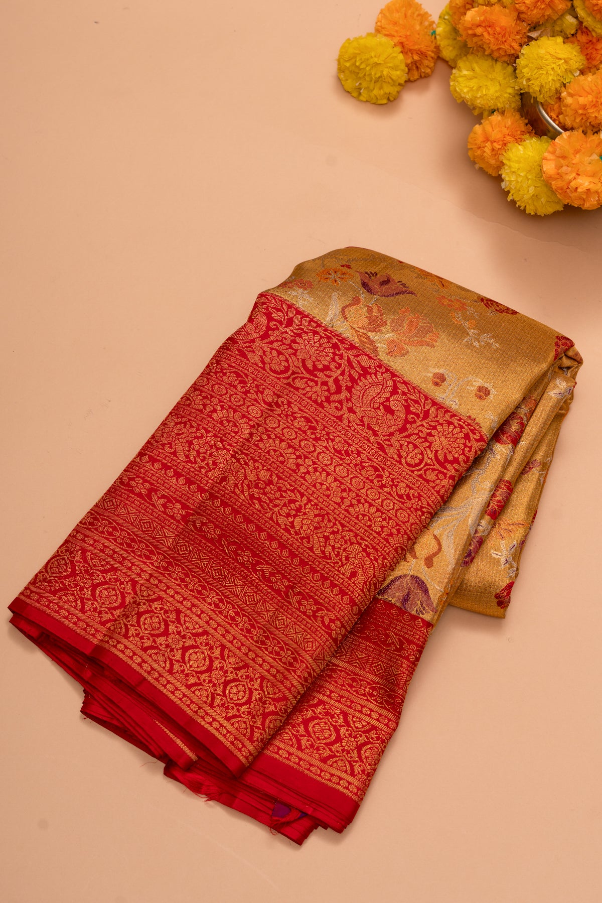 Kanchipuram Silk Tissue Jaal Gold Saree