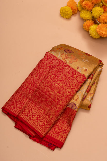 Kanchipuram Silk Tissue Jaal Gold Saree