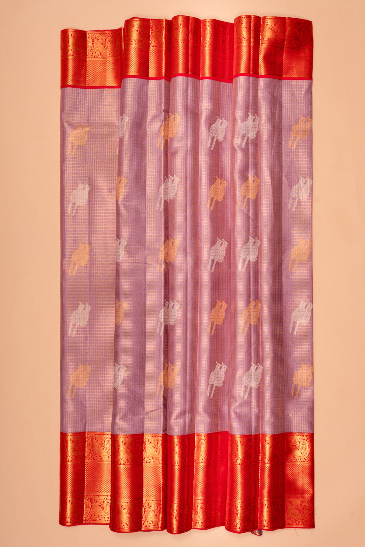 Kanchipuram Silk Checks And Butta Lavender Saree