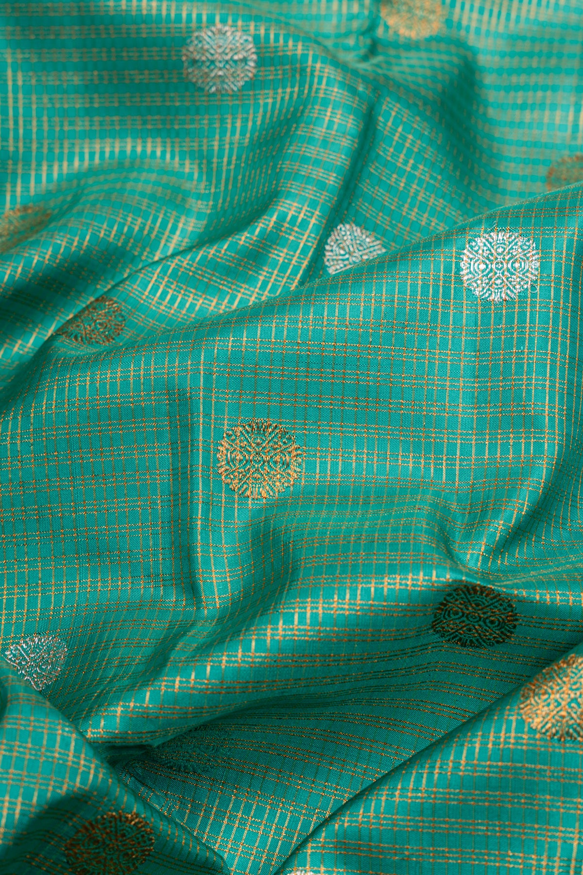 Kanchipuram Silk Checks And Butta Sea Green Saree