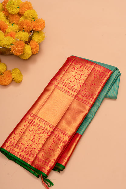 Kanchipuram Silk Checks And Butta Green Saree