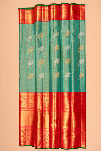 Kanchipuram Silk Checks And Butta Green Saree