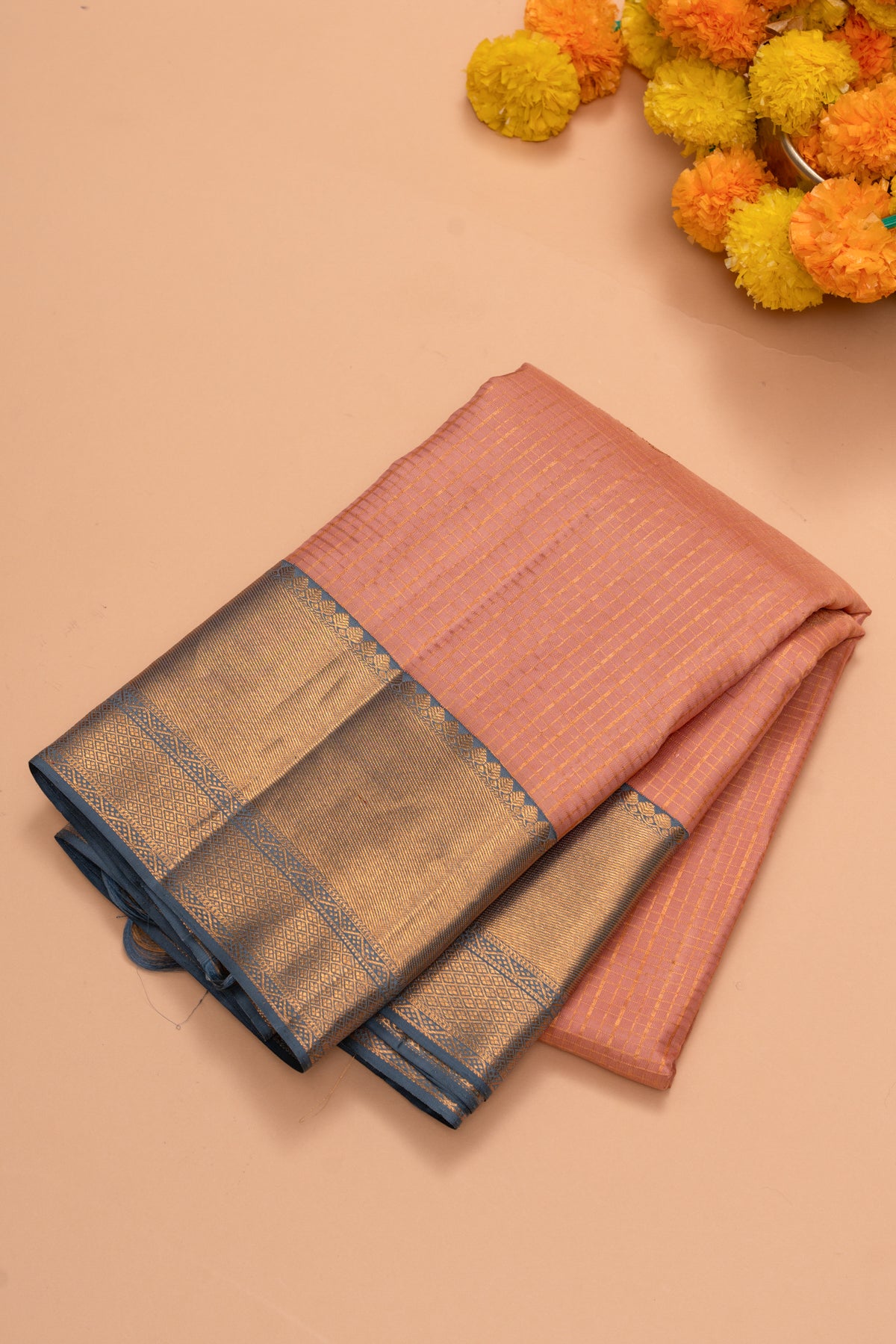 Kanchipuram Silk Checks And Butta Pastel Orange Saree