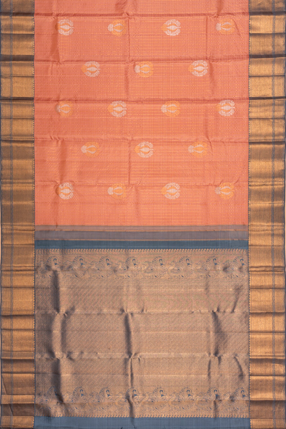 Kanchipuram Silk Checks And Butta Pastel Orange Saree
