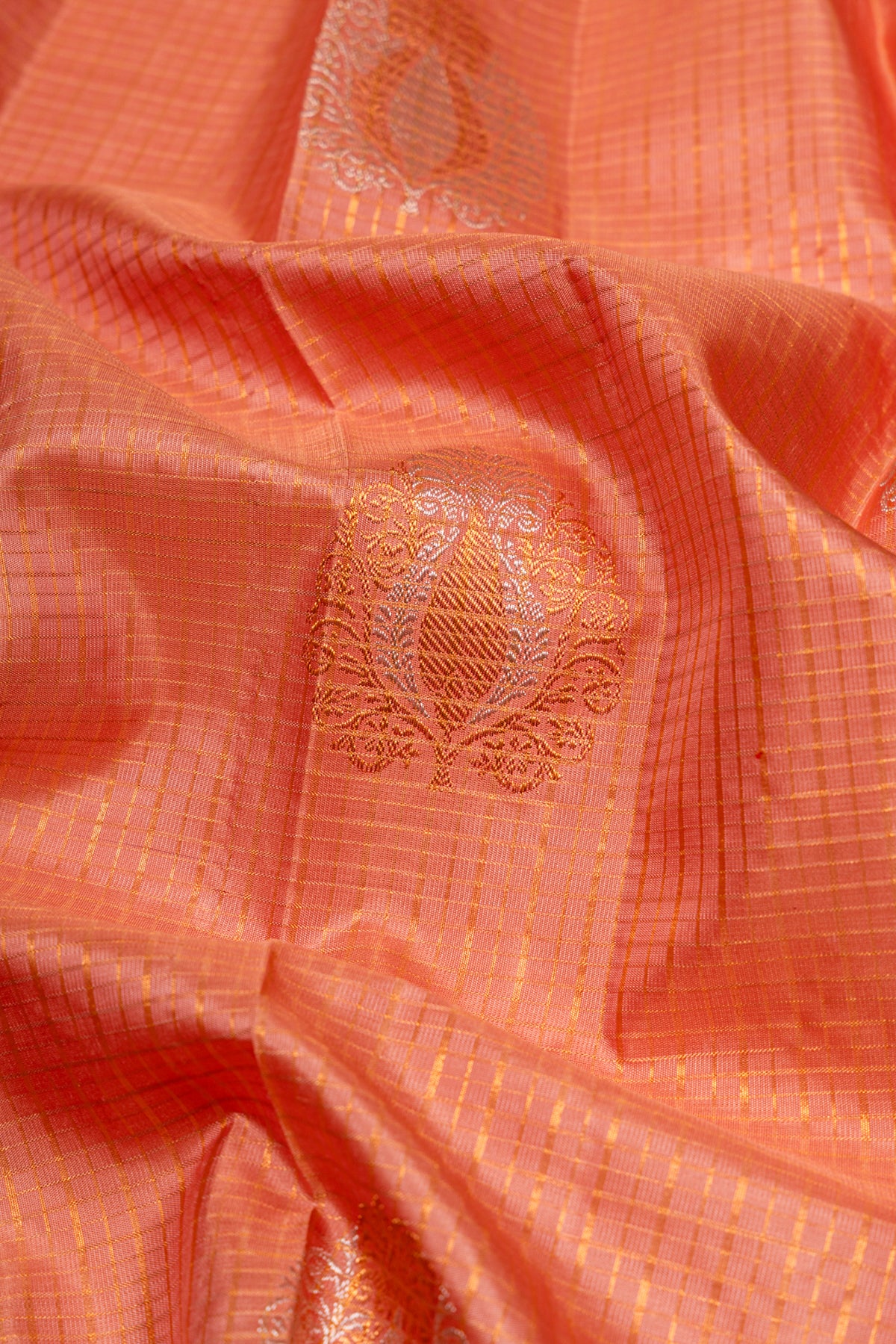 Kanchipuram Silk Checks And Butta Pastel Orange Saree