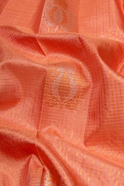 Kanchipuram Silk Checks And Butta Pastel Orange Saree