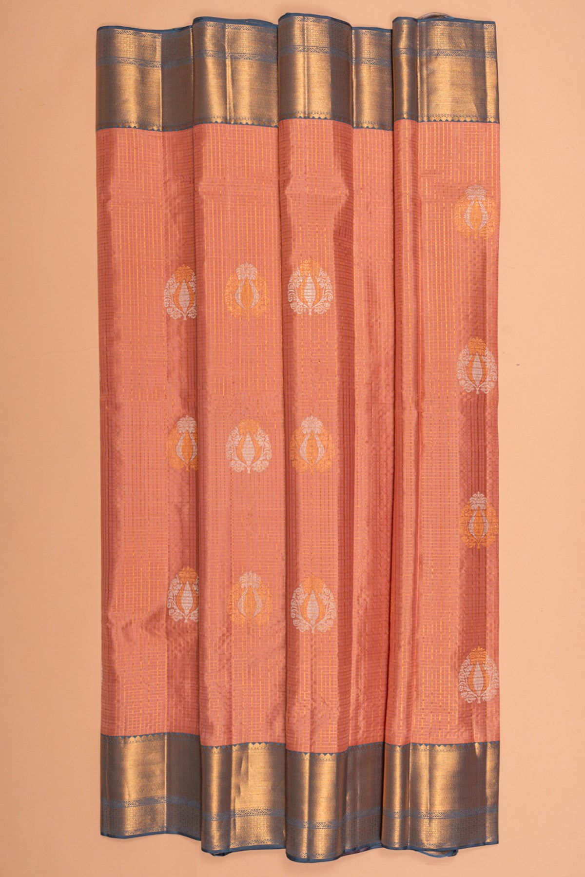 Kanchipuram Silk Checks And Butta Pastel Orange Saree