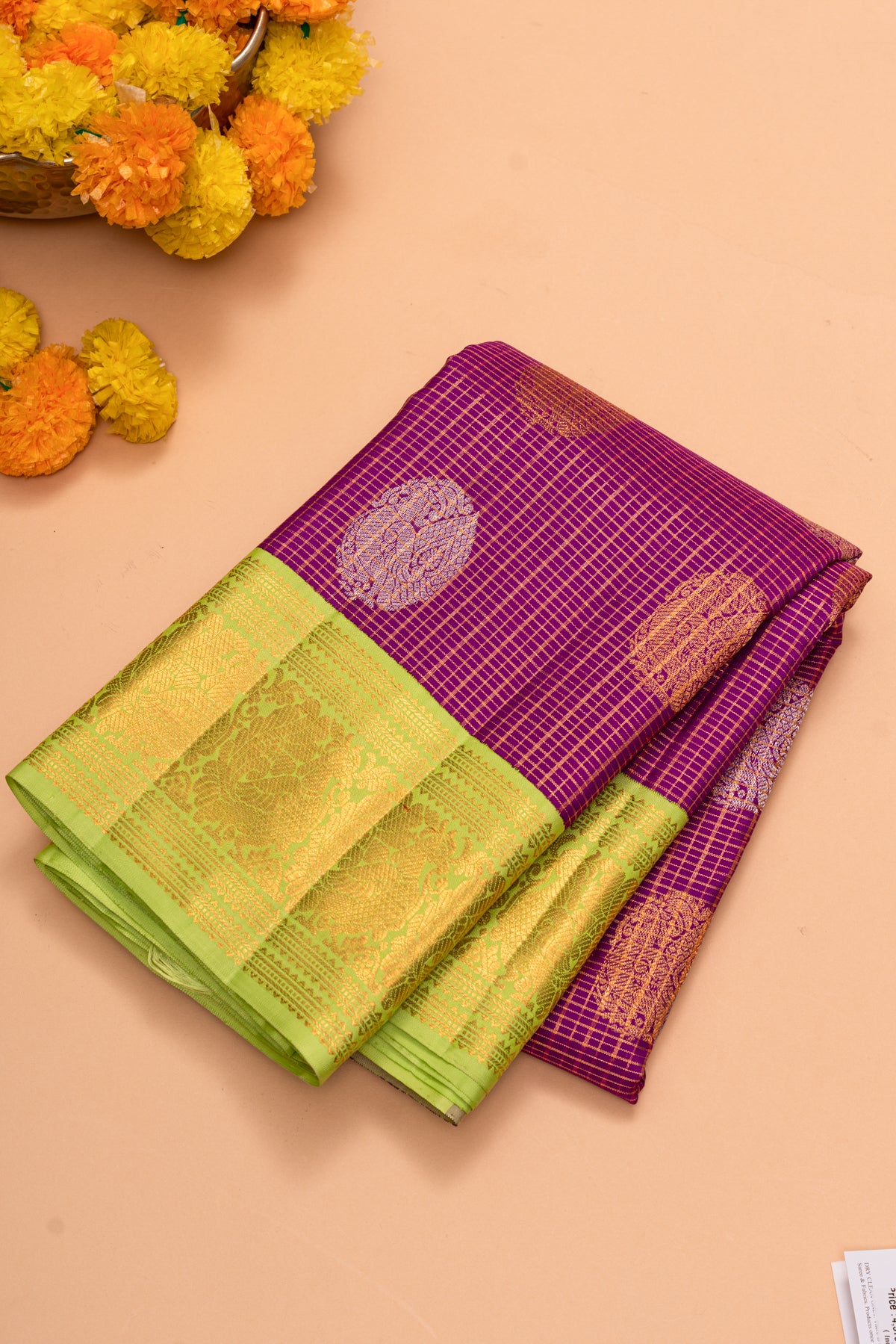 Kanchipuram Silk Checks And Butta Purple Saree