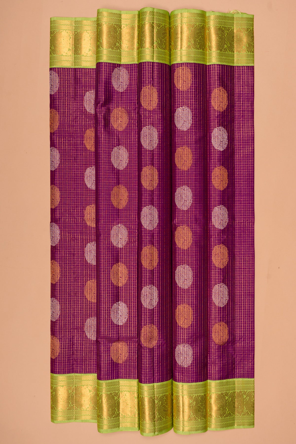 Kanchipuram Silk Checks And Butta Purple Saree