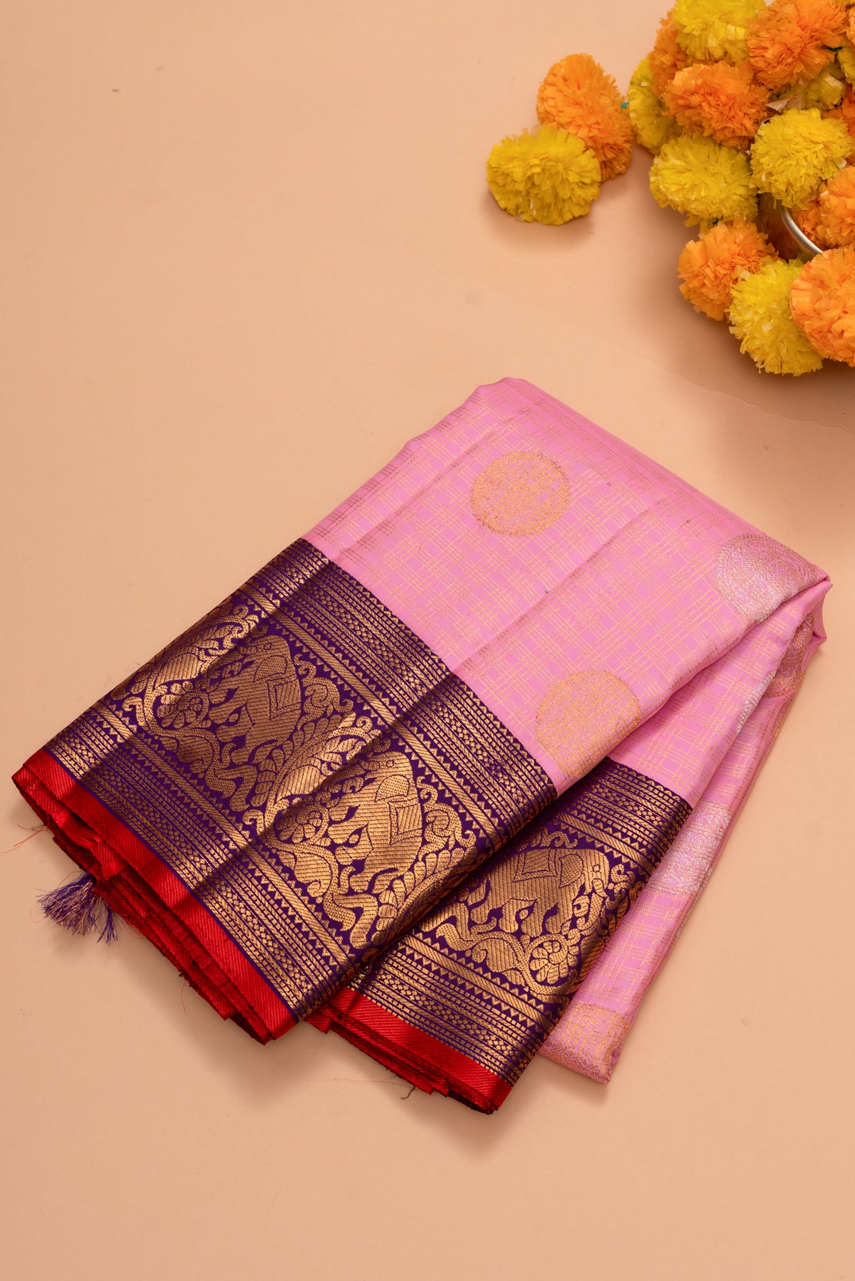 Kanchipuram Silk Checks And Butta Pink Saree