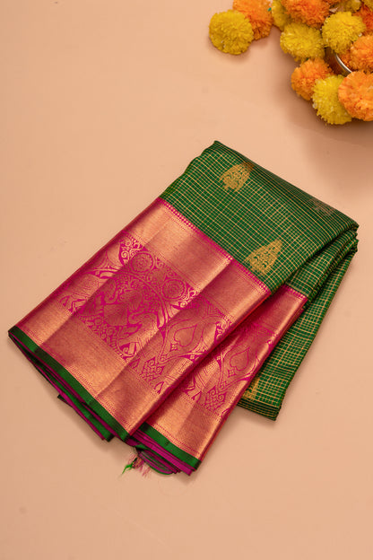 Kanchipuram Silk Checks And Butta Dark Green Saree