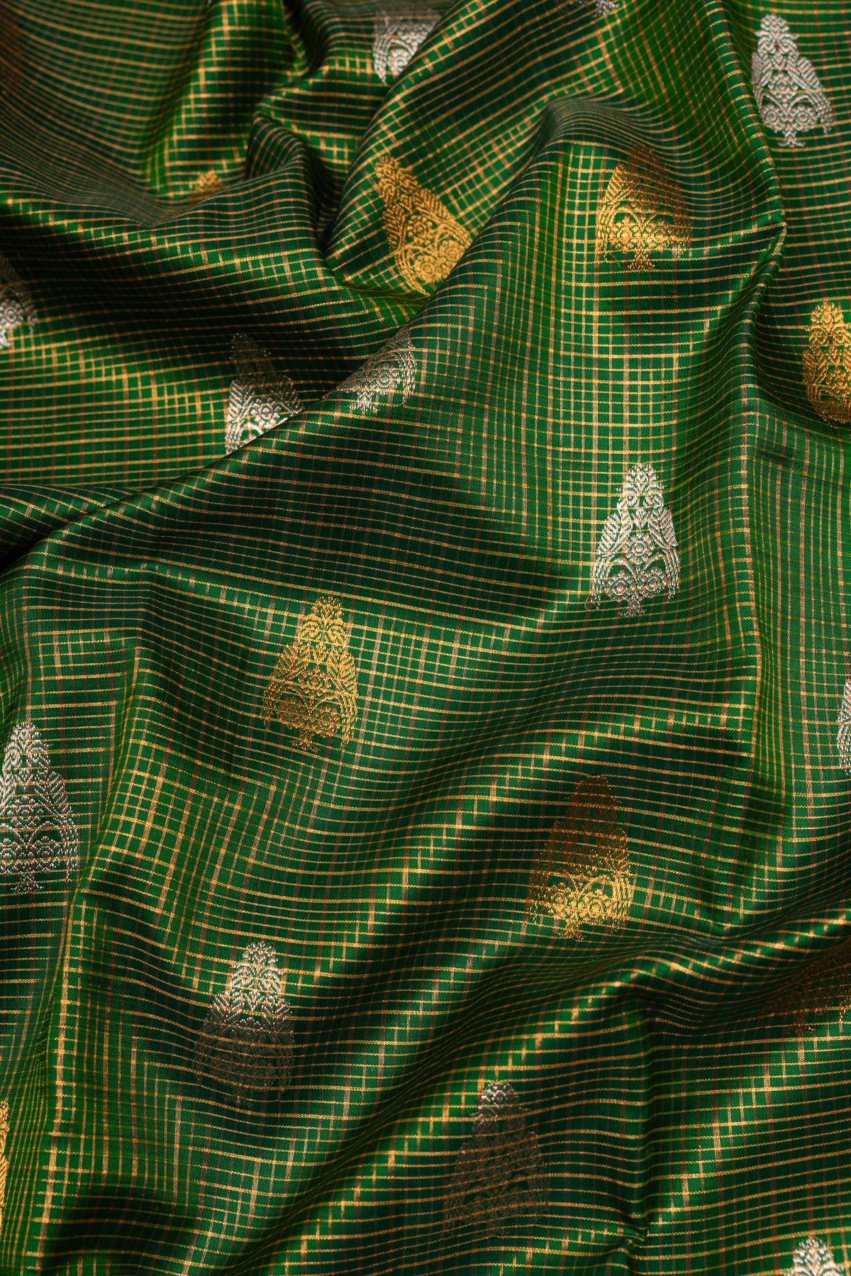 Kanchipuram Silk Checks And Butta Dark Green Saree