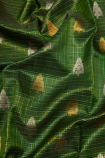 Kanchipuram Silk Checks And Butta Dark Green Saree