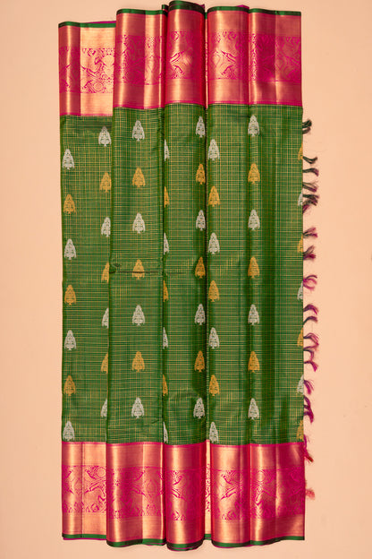 Kanchipuram Silk Checks And Butta Dark Green Saree