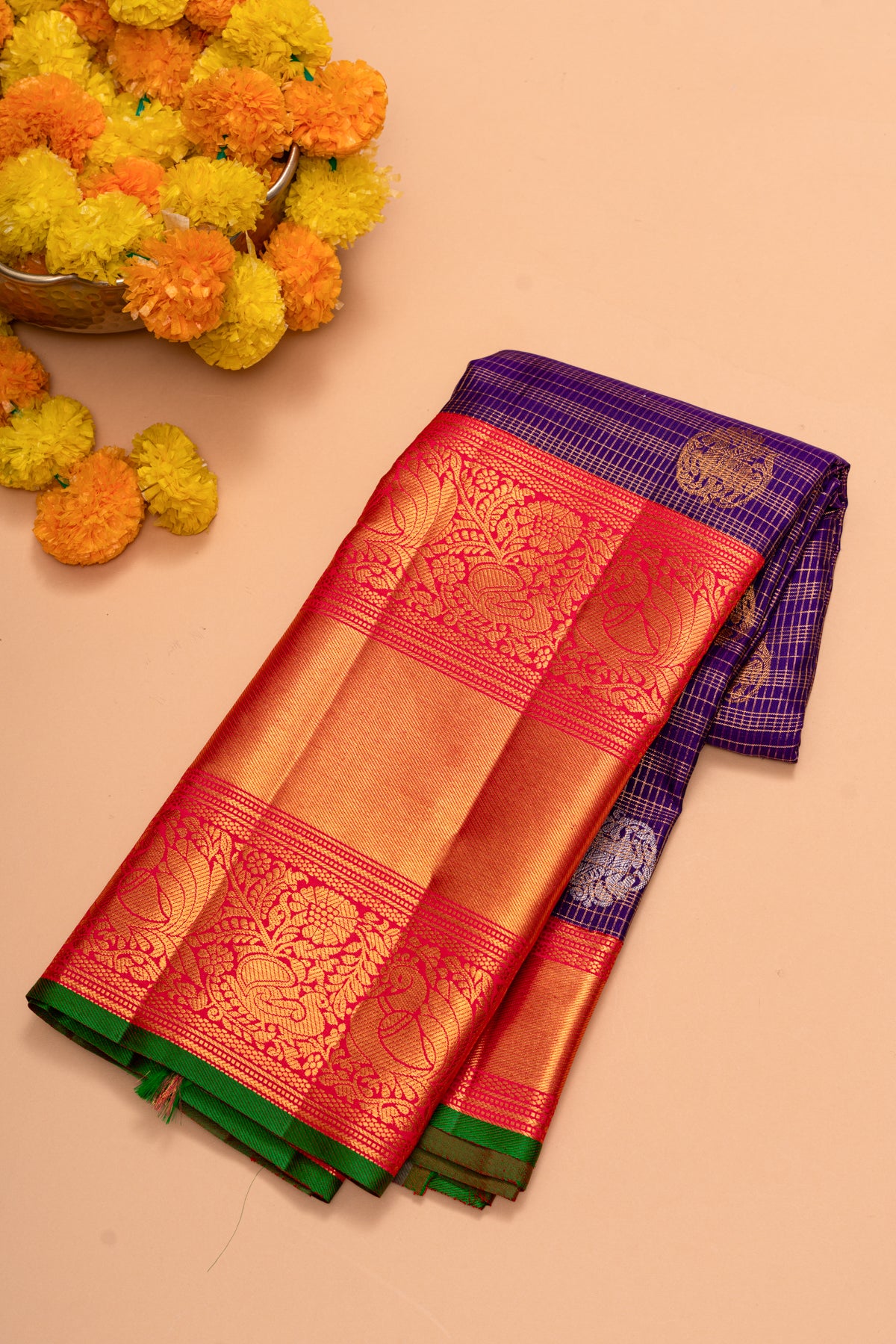 Kanchipuram Silk Checks And Butta Purple Saree